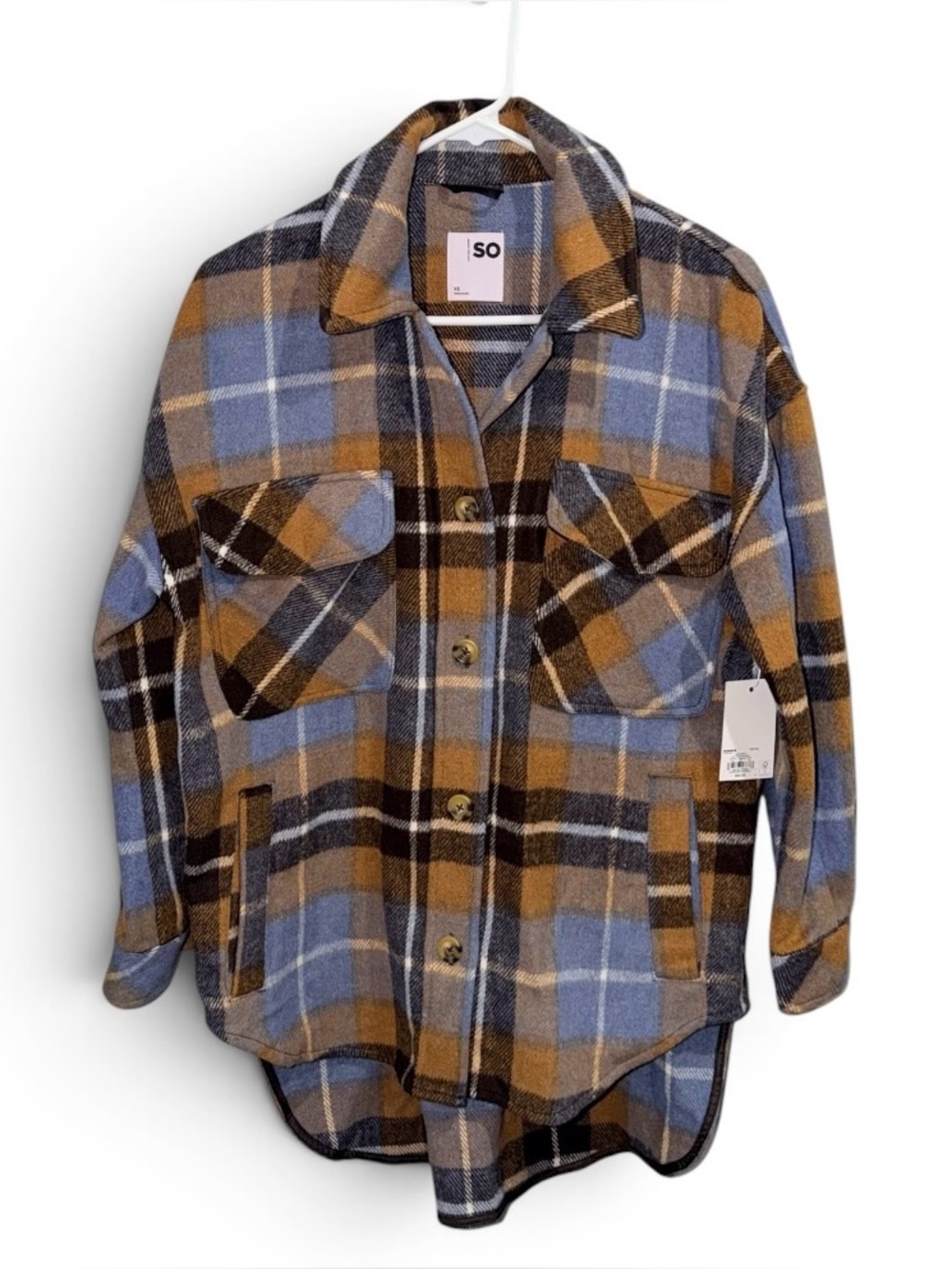 SO Women’s Plaid Oversized Shacket Peri Brown NWT XS